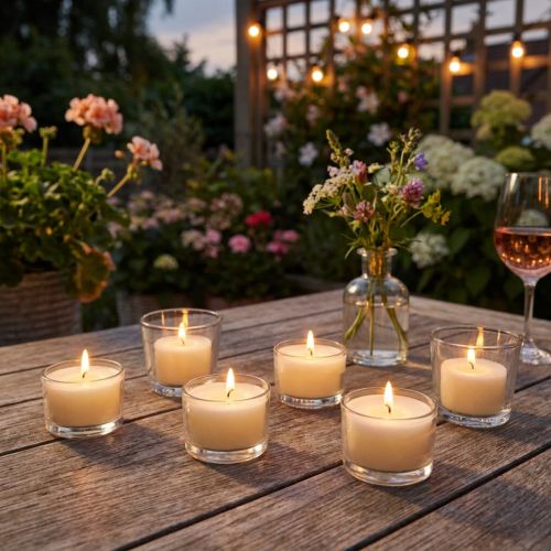 Itens Velas tealight com aroma de citronela para noites românticas em casa ou no jardim, 25 mm, 7 cm de altura, 18 unidades.
