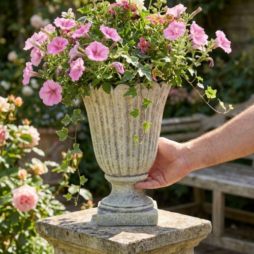 Vaso para plantas em pedra fundida, estilo antigo, cinza, Ø17,5cm, altura 25cm | Floristik24.pt