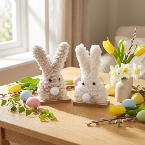 Coelho decorativo de Páscoa feito de pelúcia – decoração fofa de Páscoa em bege e branco sobre base de madeira H18cm 2 peças | Floristik24.pt