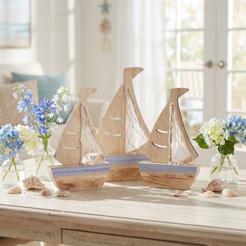 Suporte para decoração de veleiro madeira natural azul claro 25,5×16,5cm 3 un | Floristik24.pt