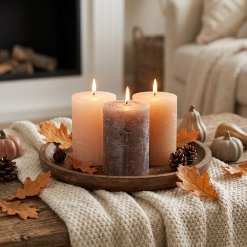 Conjunto rústico de 12 velas em tons de marrom, 70x100mm – Longa duração, aparência de mármore para decoração e ambiente. | Floristik24.pt