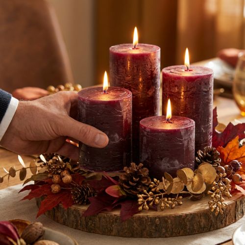 Conjunto de 4 velas cilíndricas na cor bordô, 70x80mm, para uma decoração elegante e longa duração. | Floristik24.pt