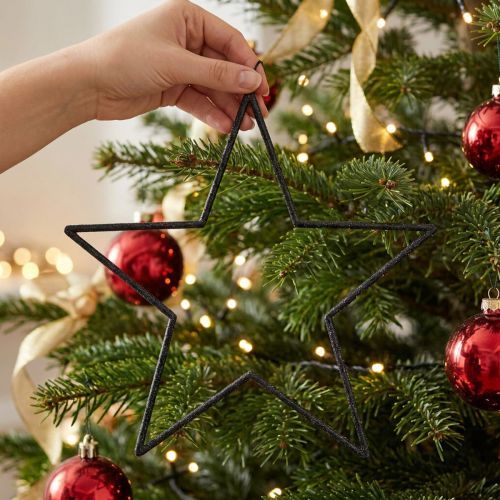 Estrelas grandes pretas com glitter para pendurar, Ø24cm, decoração de Natal e festas, conjunto de 6 | Floristik24.pt