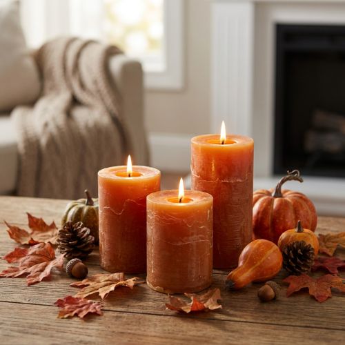 Conjunto de 4 velas cilíndricas laranja-escuras, de cor sólida, estilo rústico pôr do sol, 60x80mm, para decoração de outono e Advento. | Floristik24.pt