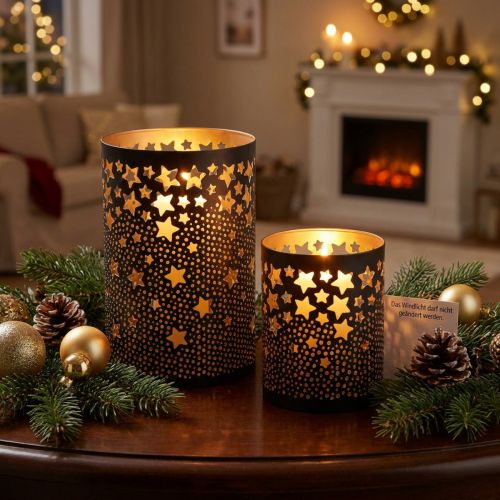 Castiçal de metal estrelas preto/dourado Alt.10/15cm conjunto de 2 | Floristik24.pt