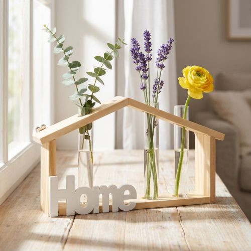 Decoração de parede em madeira, decoração para casa, vaso em formato de tubo de ensaio, suporte para flores, 27,5 x 4,5 x 14,5 cm | Floristik24.pt