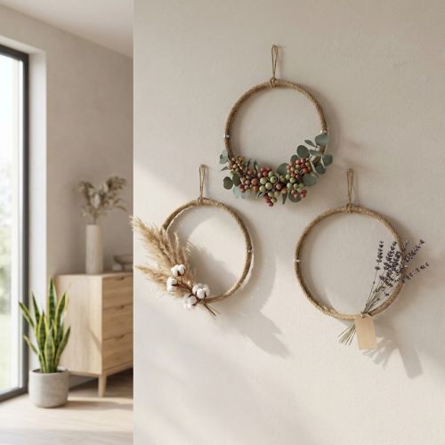 Conjunto de 3 anéis decorativos de juta em estilo escandinavo, com Ø30cm de diâmetro, ideais para pendurar, como guirlanda de parede ou de porta. | Floristik24.pt