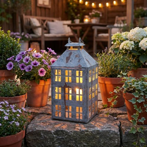 Lanterna decorativa vintage, casa de luz de metal, estilo shabby chic, 35 cm de altura | Floristik24.pt