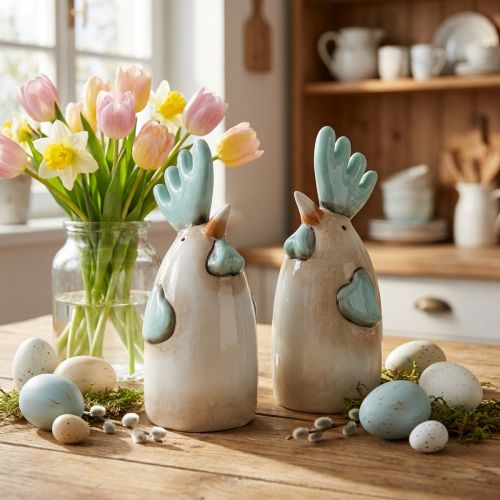 Decoração de cozinha de galo de cerâmica galinha branca azul marrom H14,5cm 2 peças | Floristik24.pt