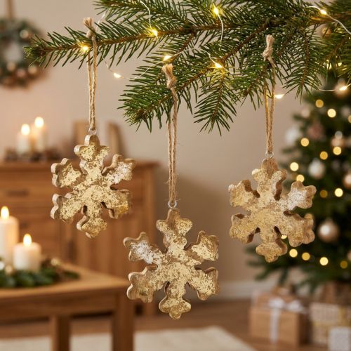 Itens Floco de neve madeira de mangueira natural, cristal de neve dourado Ø10cm 6uds