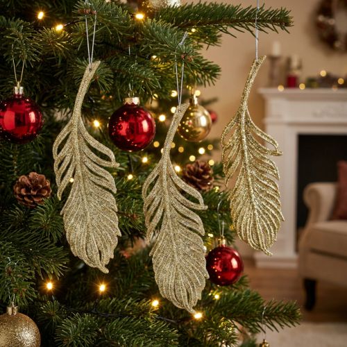 Penas decorativas, decorações para árvores com glitter, decorações do advento, penas para pendurar dourado L22cm 12pcs | Floristik24.pt