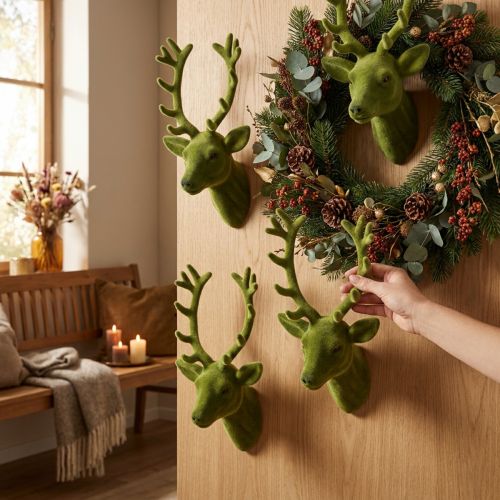 Cabeça de veado decorativa flocada verde musgo 10 cm x 20 cm 3 unidades | Floristik24.pt