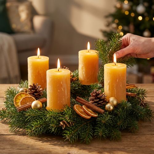 Velas do Advento, amarelas rústicas, 70/110mm, 4 unidades - velas cilíndricas de cor sólida para decorações natalinas aconchegantes. | Floristik24.pt