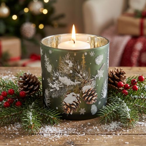 Itens Porta-velas de vidro com pinhas e flocos de neve, 15 cm