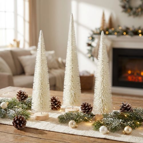 Itens Árvore de Natal decorativa com base de madeira para decoração de inverno, 40 cm, 3 peças