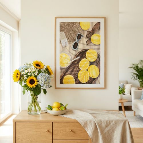 Decoração de parede "Hora do Limão Doce" - Quadro de verão com limonada e chapéu de palha, 40x60cm em moldura de madeira | Floristik24.pt