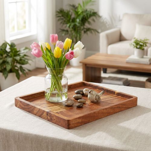 Bandeja decorativa para servir, madeira de acácia, oleada, 30x25cm | Floristik24.pt