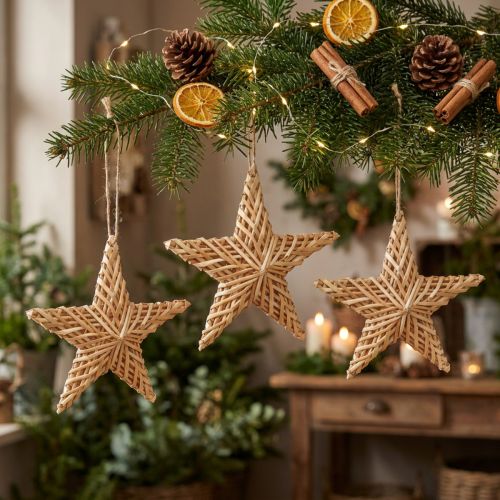 Conjunto de 3 estrelas decorativas de rattan para pendurar, 19 cm, para decoração de Natal. | Floristik24.pt