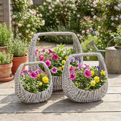 Cesto de vime com alça, cinza lavado, A43/34/27cm, conjunto de 3 | Floristik24.pt