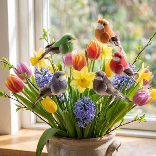 Pássaros decorativos artificiais para decoração de casa, ideais para a primavera, com plumagem colorida feita de penas verdadeiras, 5 cm, 18 peças. | Floristik24.pt
