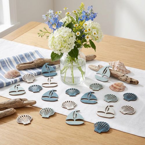 Itens Peças de dispersão Decoração de madeira Concha Barco Azul Branco 2,5/4cm 72 unidades