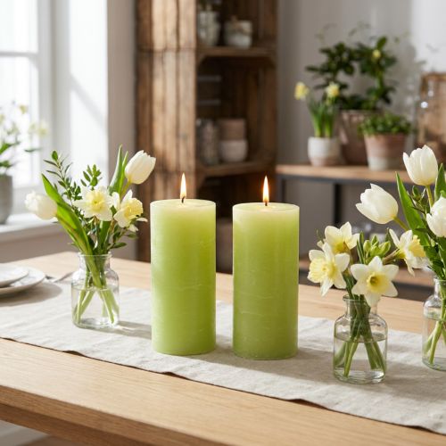 Conjunto de 2 velas cilíndricas de cor sólida, verde limão, 85×150mm, velas de alta qualidade para criar um ambiente aconchegante e decorativo. | Floristik24.pt