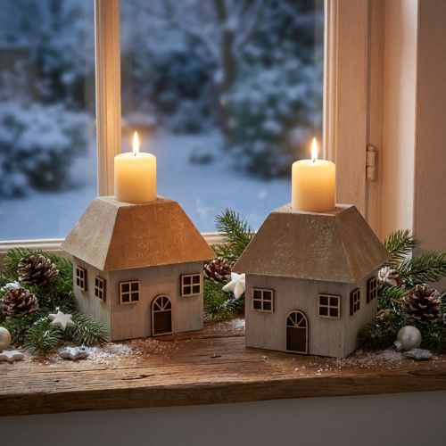 Castiçal de Natal em forma de casinha de madeira, cinza, 9×9×11cm, 2 peças | Floristik24.pt