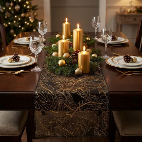 Itens Caminho de mesa de organza preto-dourado – elegante rolo de tecido decorativo com padrão de folhas 48 x 450cm