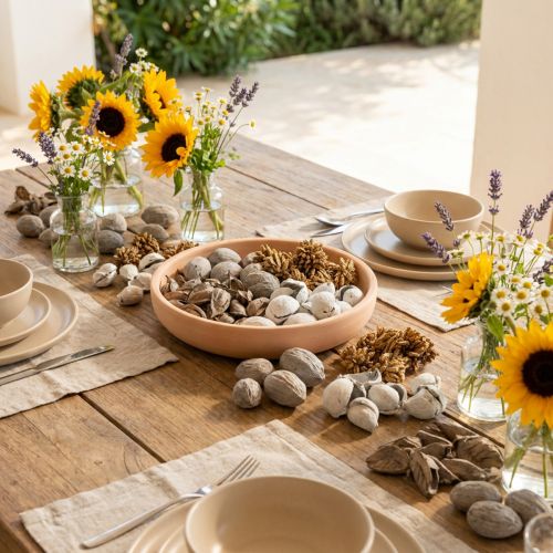 Itens Decoração de mesa com potpourri e nozes para uma atmosfera natural de verão.