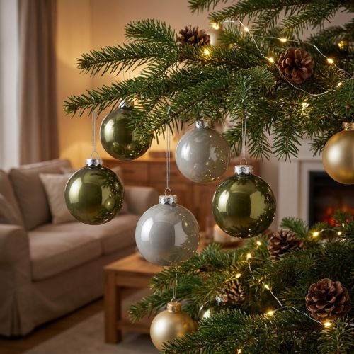 Bolas de Natal bolas de vidro verde oliva prata cinza Ø7,5cm 12 peças | Floristik24.pt