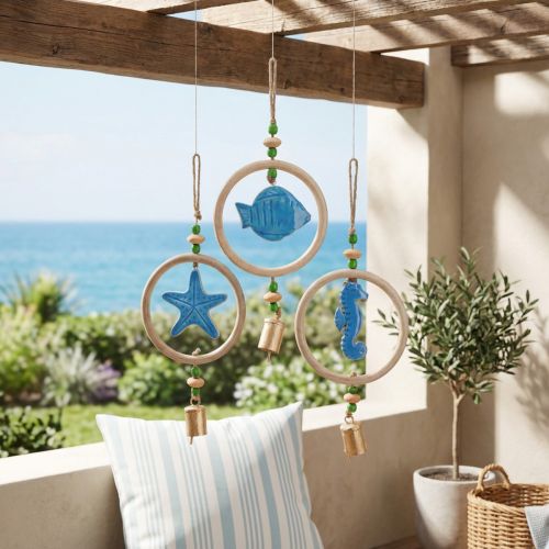 Itens Decoração suspensa carrilhão de vento marítimo madeira azul natural H35cm 3 peças