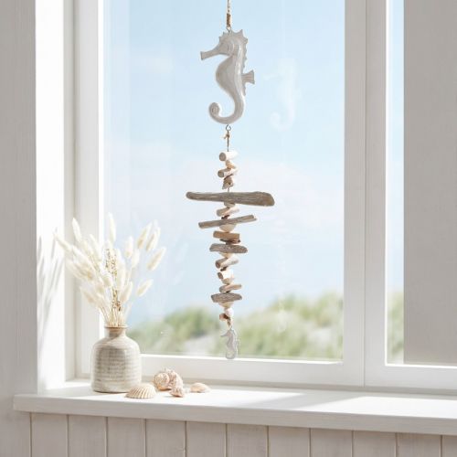 Guirlanda de Decoração Marítima Conchas de Madeira de Deriva Cavalo Marinho Branco 55cm | Floristik24.pt