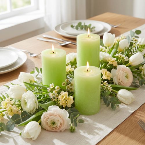 Velas cilíndricas verde-limão, coloridas por toda a sua extensão, 60x100mm, decoração de casamento, decoração de primavera, conjunto de 4 | Floristik24.pt