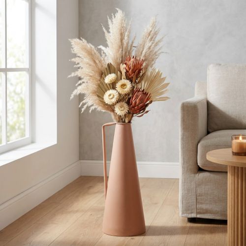 Vaso de chão metálico, com design salmão e alça - Cônico, 20x19x48cm, para flores secas e artificiais. | Floristik24.pt