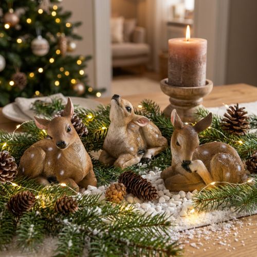 Decoração de veado, figura de veado deitado, decoração de mesa 13×6,5×12cm, 3 peças | Floristik24.pt