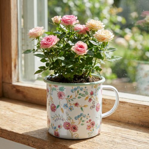 Vaso decorativo para plantio de rosas, em esmalte, com alça, branco, Ø9,5cm | Floristik24.pt