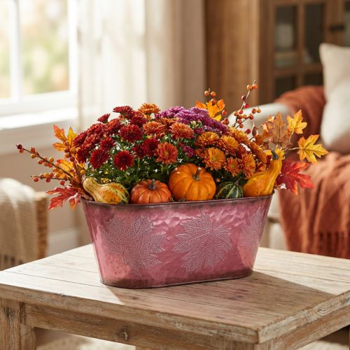 Tigela com decoração de folhas, floreira, decoração de outono, pote de metal vinho tinto C38cm Alt.15cm | Floristik24.pt