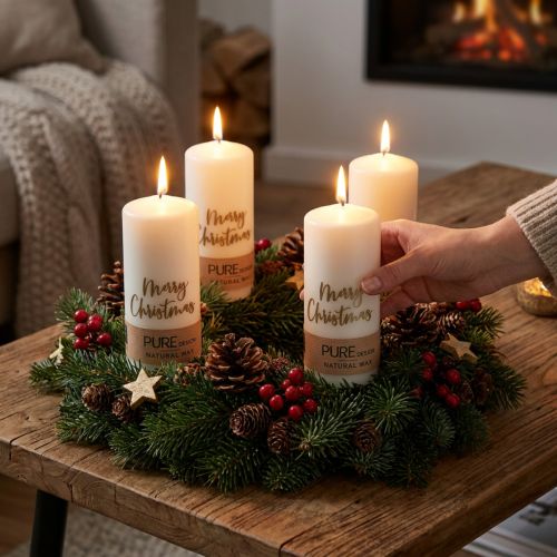 Conjunto de 4 velas de Natal em formato de pilar, brancas e douradas, 60x130 mm - Decoração festiva, cera natural pura | Floristik24.pt