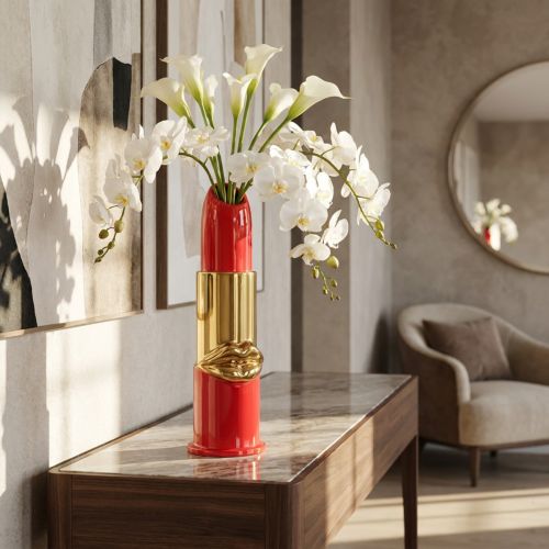Itens Vaso decorativo com design de batom para flores artificiais de hastes longas, 38 cm