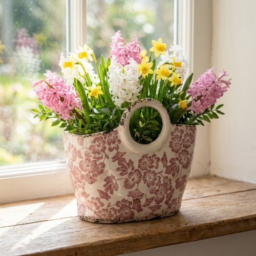 Itens Vaso decorativo para plantas com alça, floral, 21 cm