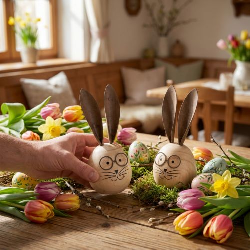 Coelho decorativo em madeira e metal com design divertido, um enfeite simpático que chama a atenção, 19 cm, 2 peças. | Floristik24.pt
