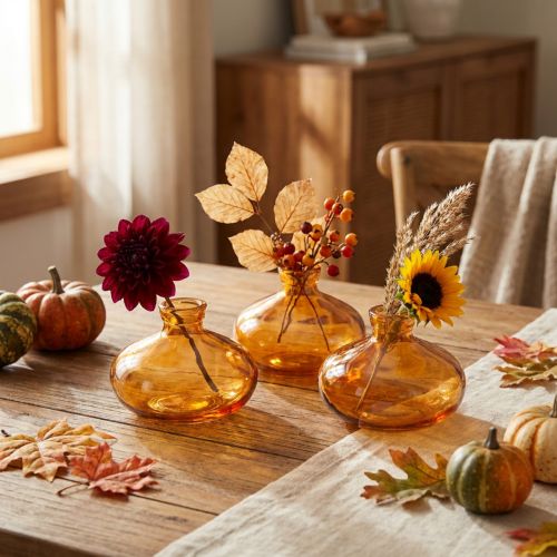 Mini vasos de vidro, bulbosos, planos, na cor laranja, Ø9cm, conjunto de 6 peças | Floristik24.pt