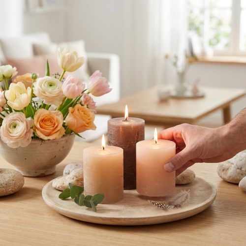 Conjunto de 12 velas cilíndricas marrons, 70x80mm, tingidas por completo - Perfeitas para decoração, bem-estar e celebrações. | Floristik24.pt