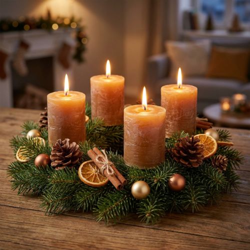 Conjunto de 4 velas de pilar em tom caramelo sólido, 70×80mm - Decoração rústica, ideal para o Advento, feitas à mão. | Floristik24.pt