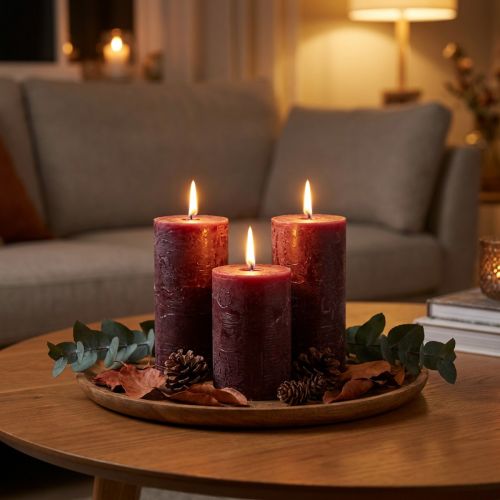 Conjunto de 4 velas cilíndricas cor Borgonha, cor sólida, 70x120mm - Velas decorativas para criar um ambiente acolhedor e promover o bem-estar em casa. | Floristik24.pt