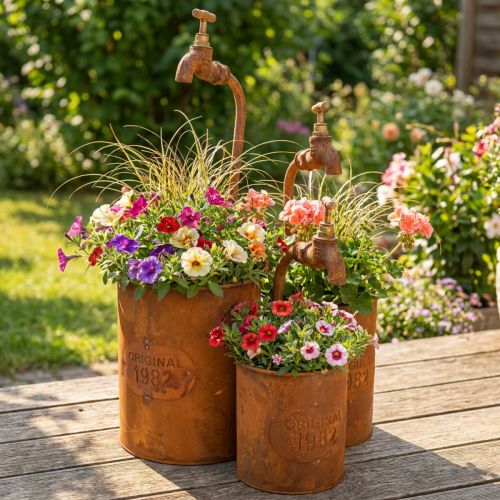Floreira pátina metálica decorativa com torneira Alt.25/37/43cm conjunto de 3 peças | Floristik24.pt