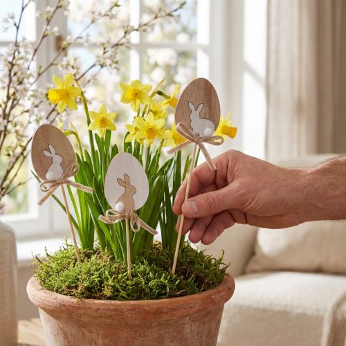 Itens Plug flor decoração de Páscoa ovo de madeira com coelho natural 5×7cm 12 un