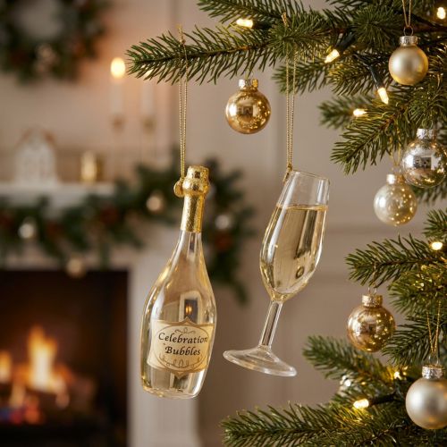 Itens Conjunto de pingente com garrafa e taça de champanhe, decoração para árvore de Natal, 14 cm, 2 peças