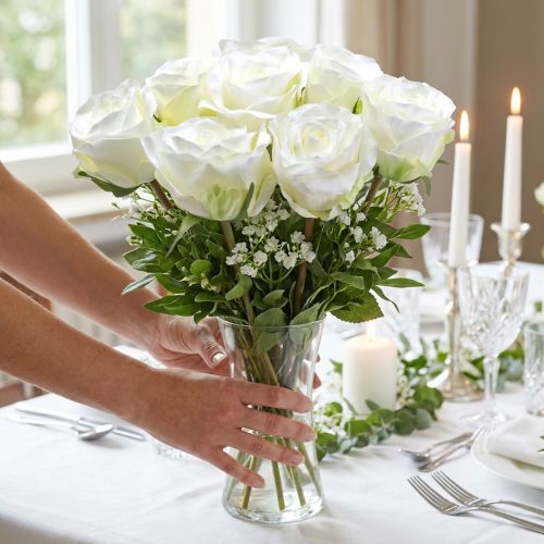 Flores decorativas de seda rosa em buquê creme 36 cm 8 unidades | Floristik24.pt