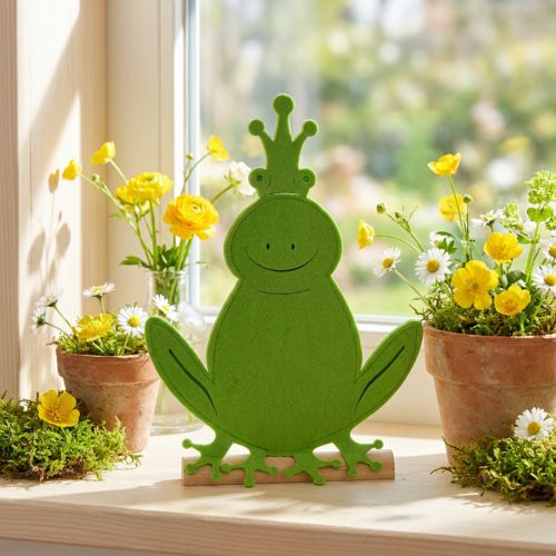 Rei Sapo Feltro Madeira Verde 20cm x 27,5cm Decoração de verão | Floristik24.pt